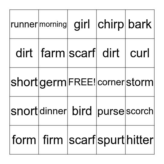 Bossy R Words Bingo Card