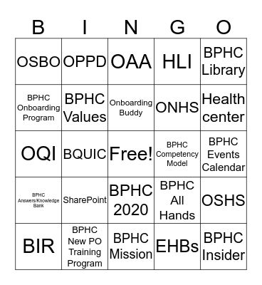 BPHC Onboarding BINGO Card