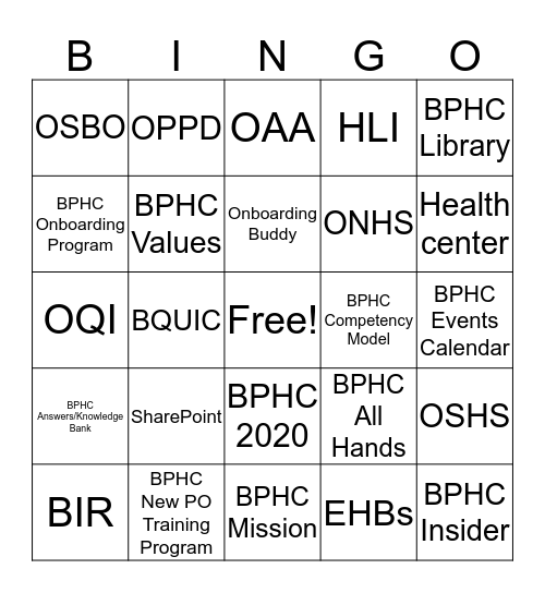 BPHC Onboarding BINGO Card