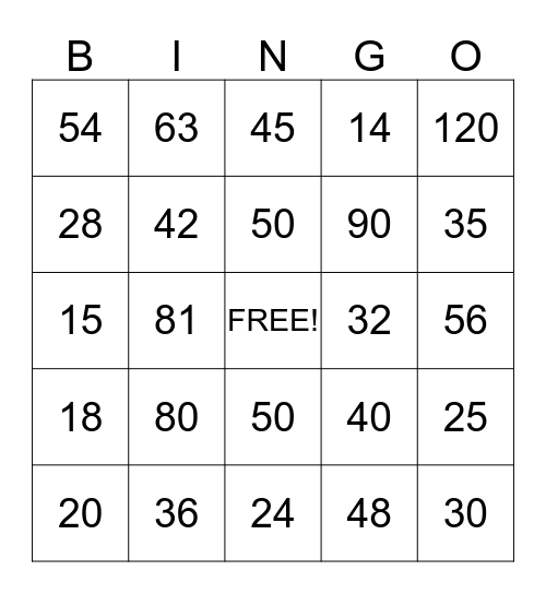 Multiplication Bingo Card