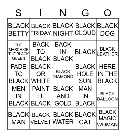 273 SONGS WITH BLACK Bingo Card