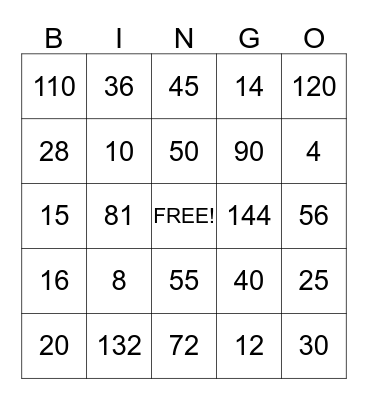 Multiplication Bingo Card