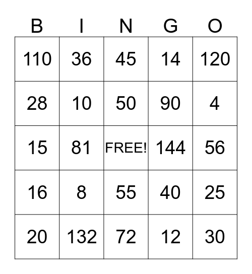 Multiplication Bingo Card