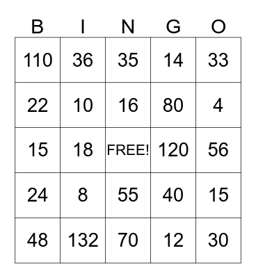 Multiplication Bingo Card
