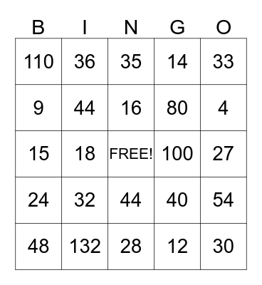 Multiplication Bingo Card