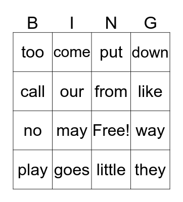 Q1 Sight Words Bingo Card