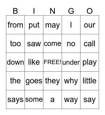 Q1 Sight Words Bingo Card