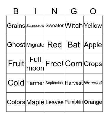 Autumn words Bingo Card