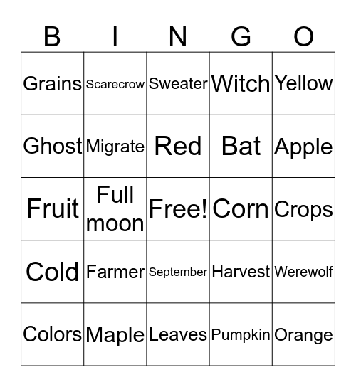 Autumn words Bingo Card