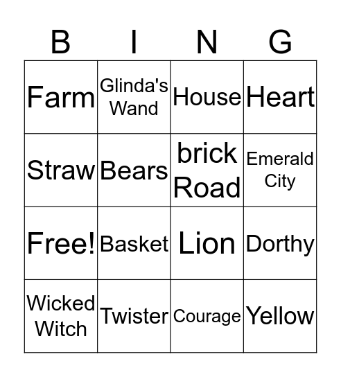 Wizard Of Oz Bingo Card