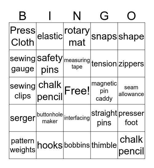 Sewing BINGO Card