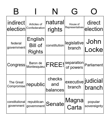 U.S. History Vocabulary Bingo Card