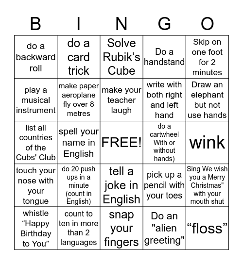 Cubs’ Special Skills Challenge from Finland: CAN YOU... Bingo Card