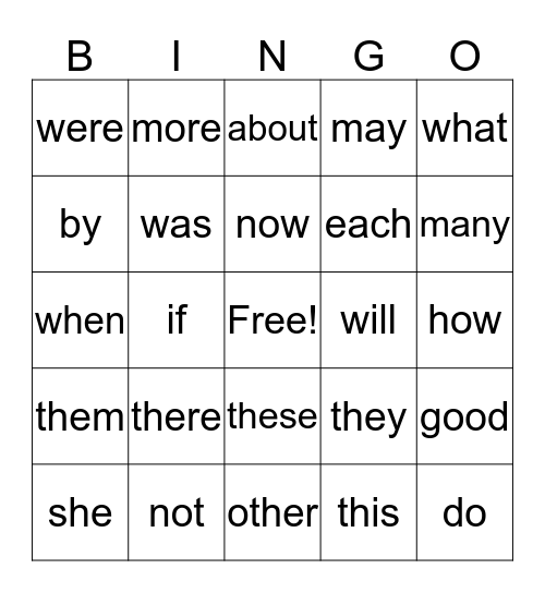 Fry Words 3rd Grade Bingo Card