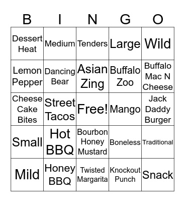 Buffalo Wild Wings Bingo Card