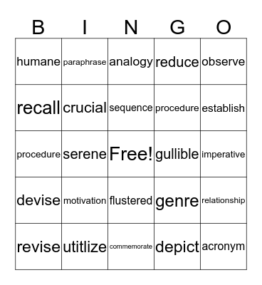 Vocabulary Bingo Card