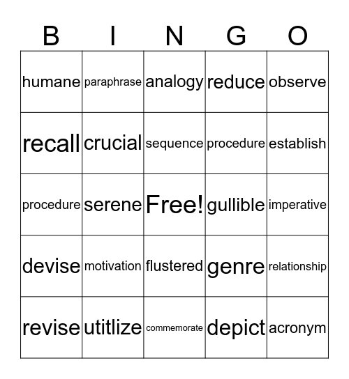 Vocabulary Bingo Card