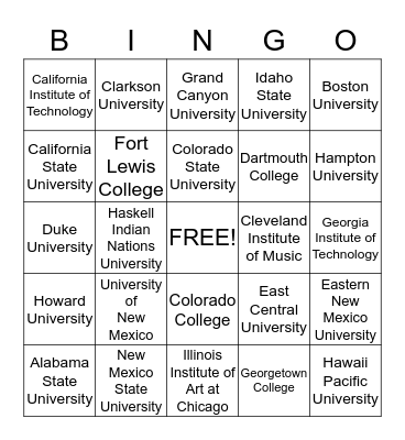 College Bingo Card