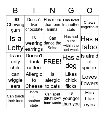 Brittani's Birthday Human Bingo Game Bingo Card
