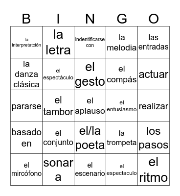 Chapter 2B Vocabulario Bingo Card