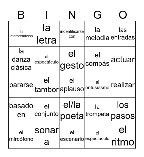 Chapter 2B Vocabulario Bingo Card
