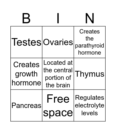 Endocrine System Bingo Card