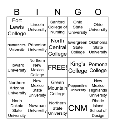 College Bingo Card