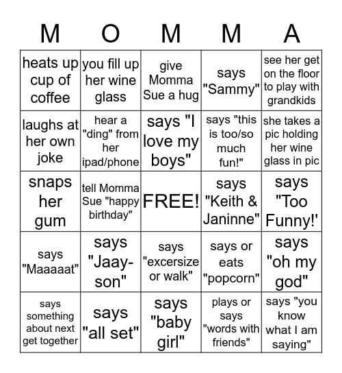 Momma Sue"ism's"  Bingo Card