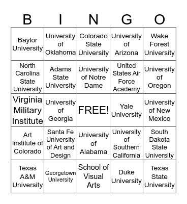 College Bingo Card