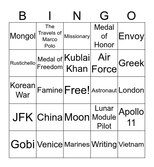 Marco Polo and Buzz Aldrin Bingo Card