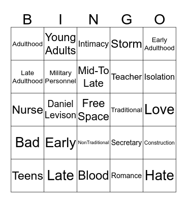 Social Development in Early Adulthood Bingo Card
