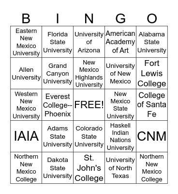 College Bingo Card