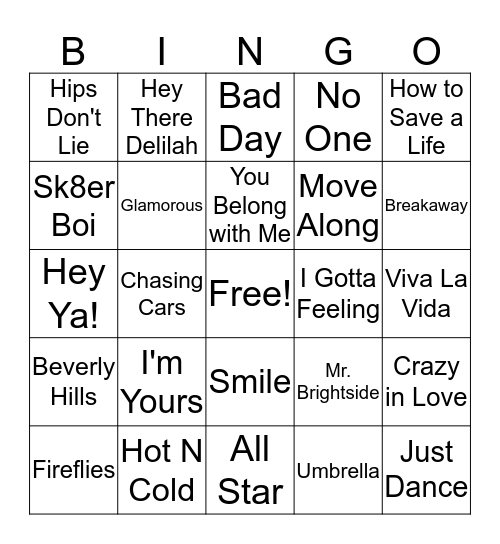 2000's Pop Hits Bingo Card