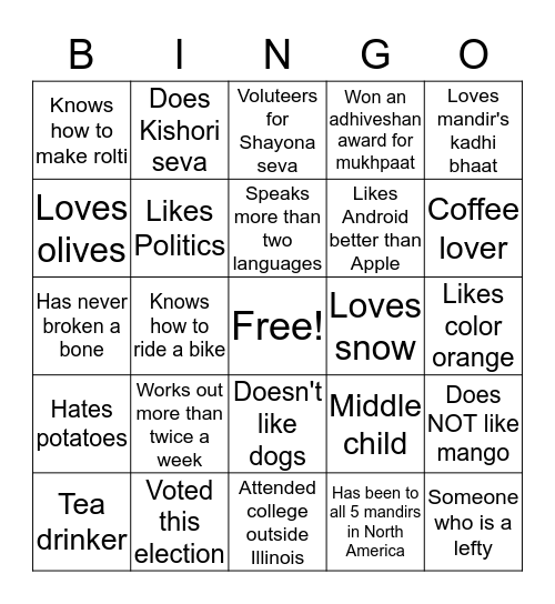 Get to know your fellow yuvatis Bingo Card