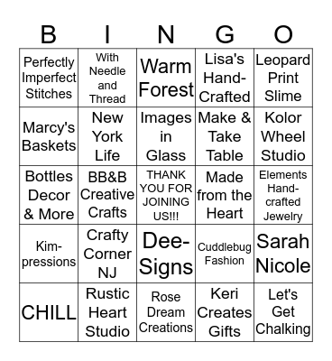 2018 Craft Market & Cookie Walk Bingo Card