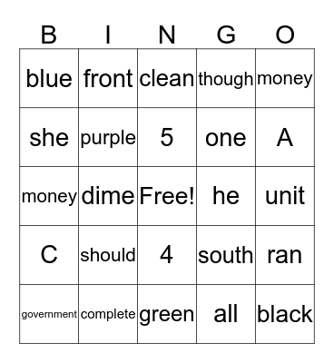 Vocabulary Bingo Card