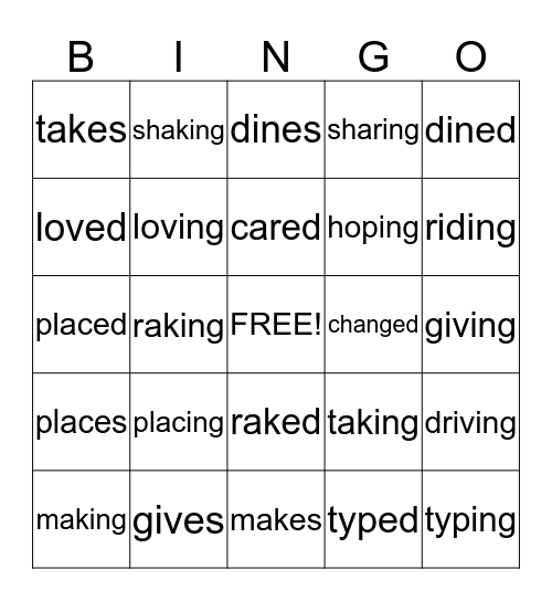 Inflectional Endings Bingo Card