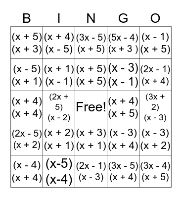 Algebra II Factoring  Bingo Card