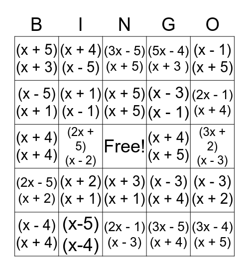 Algebra II Factoring  Bingo Card