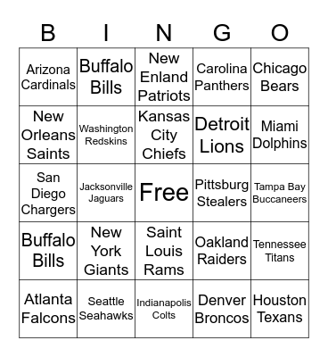 NFL Football Bingo Card