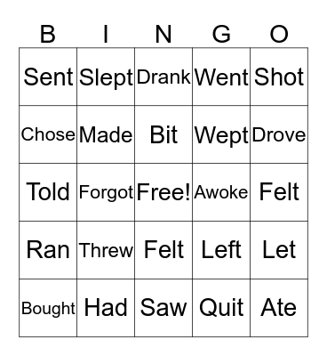 Irregular Verbs Bingo Card