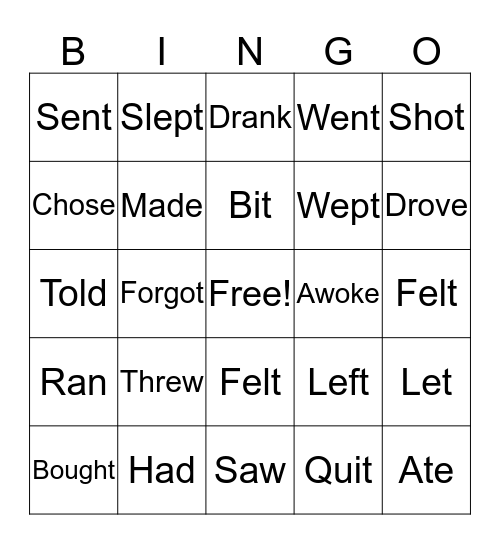 Irregular Verbs Bingo Card