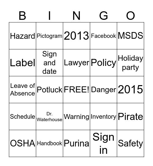 Waterhouse Bingo Card