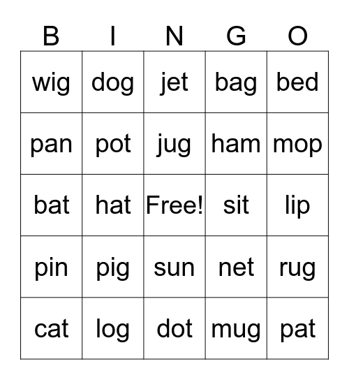 CVC 1-20 Bingo  Bingo Card