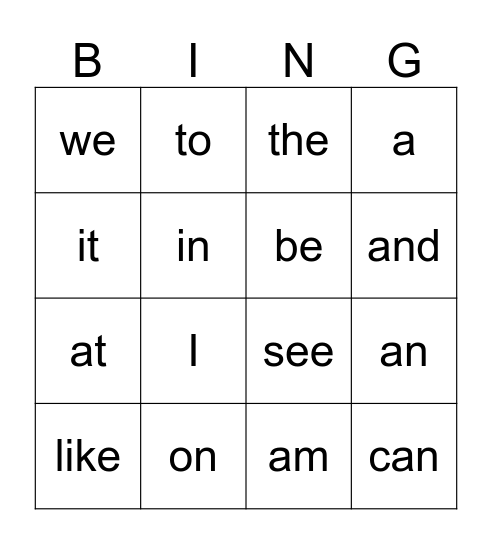 1st Quarter Sight Word Bingo Card