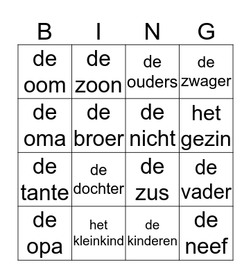 De familie Bingo Card