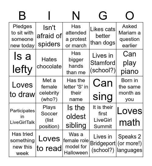 Girl Powerful Bingo Card