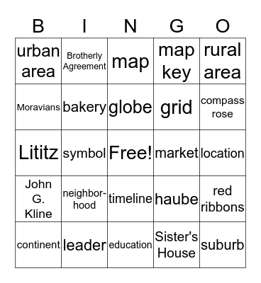 Social Studies Unit 1 Communities and Lititz Bingo Card