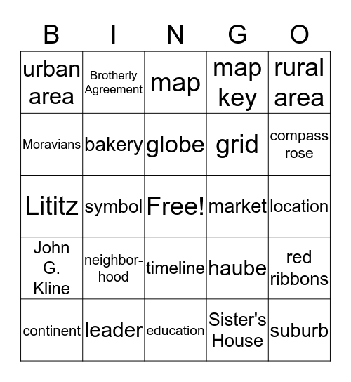 Social Studies Unit 1 Communities and Lititz Bingo Card