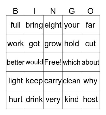 Sight Words Bingo Card